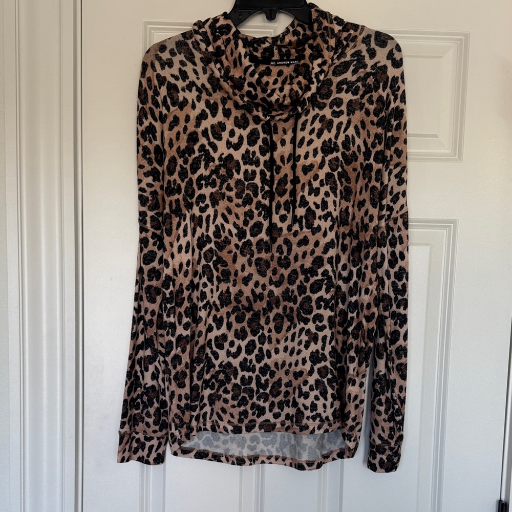 Andrew Marc Leopard Print Cowl Neck Blouse